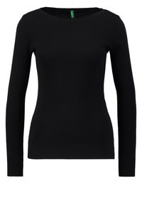 Musta pitkähihaisen neulepuseron ribbineuloksesta valmistettu paita, jossa pyöreä kaula-aukko ja teksturoitu helma. Yksinkertainen malli ilman kuvioita tai koristeita.