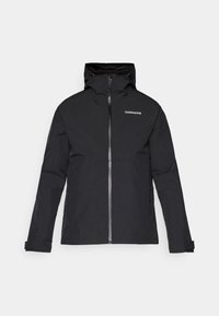 Veste imperméable noire avec capuche, zip complet, logo sur la poitrine et poignets ajustables. Fabriquée en tissu léger.