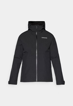 Veste imperméable noire avec capuche, zip complet, logo sur la poitrine et poignets ajustables. Fabriquée en tissu léger.