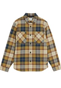 Bruin en geel geruit flanellen overhemd met twee borstzakken, knopen en een kraag; heeft blauw-witte accenten.