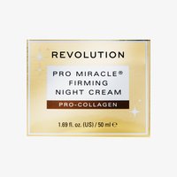 Guld- och vit fyrkantig förpackning för Pro Miracle Firming Night Cream, med svart text, stjärndetaljer och ett brunt rand. Storlek: 1,69 fl. oz.