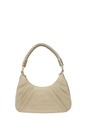 Sac à main beige Love Moschino avec une poignée tressée et un logo embossé à l'avant.
