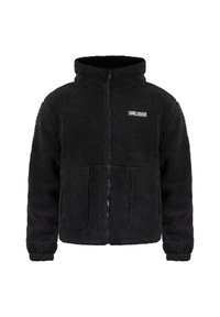 Czarna polarowa kurtka z zamkiem błyskawicznym, wysokim kołnierzem i dwoma przednimi kieszeniami. Charakteryzuje się fakturowaną powierzchnią oraz logo 'SMILDOX' na klatce piersiowej.