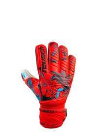Guante de portero en rojo brillante con acentos en negro y azul. Superficie de agarre texturizada, dedos reforzados y correa ajustable para la muñeca.