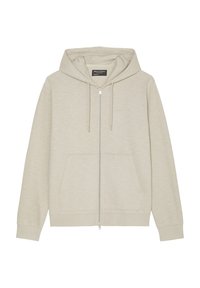 Felpa zip beige chiaro realizzata in morbido tessuto, con cappuccio regolabile, tasche frontali e polsini e bordo a costine. Tessuto liscio.