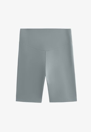 Jasnoszare szorty sportowe wykonane z gładkiego, elastycznego materiału, z wysokim pasem i dopasowanym krojem, z prostymi detalami szwów.