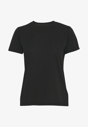 T-shirt noir à manches courtes et col rond, fabriqué en tissu lisse, avec une coupe décontractée et sans motifs ni accents visibles.