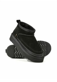 Czarne zamszowe botki za kostkę z pluszowym wnętrzem, szytymi detalami i teksturowaną gumową podeszwą w zygzakowy wzór.