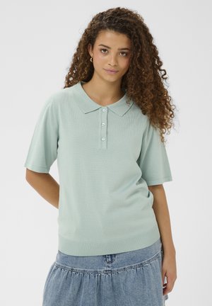 Heleroheline polosärk, millel on krae, lühikesed varrukad ja nööbid ees. Pehme tekstuur, soonikkäär, kantud teksaseelikuga.