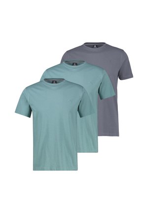 Drei schlichte T-Shirts mit Rundhalsausschnitt und kurzen Ärmeln in gedecktem Türkis und Grau, übereinander auf einem weißen Hintergrund angeordnet.