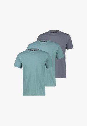 Drei schlichte T-Shirts mit Rundhalsausschnitt und kurzen Ärmeln in gedecktem Türkis und Grau, übereinander auf einem weißen Hintergrund angeordnet.