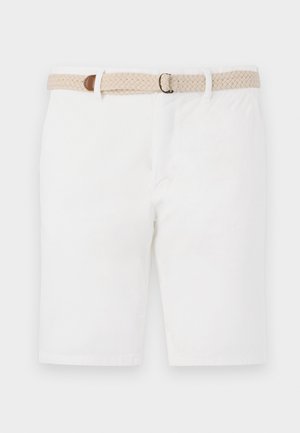White cotton shorts featuring a woven beige belt with a brown accent. The shorts have a clean design and a smooth texture.