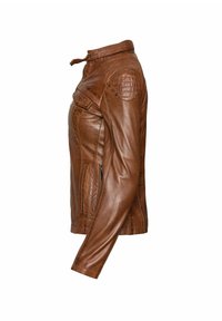 Bruine leren motorjack met een getailleerd ontwerp, ritssluiting aan de voorkant en gestructureerde schouderaccenten. Voorzien van zijzakken en een staande kraag.