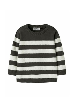 Pull en maille à manches longues pour enfant avec des rayures horizontales noires et blanches alternées et un col rond.