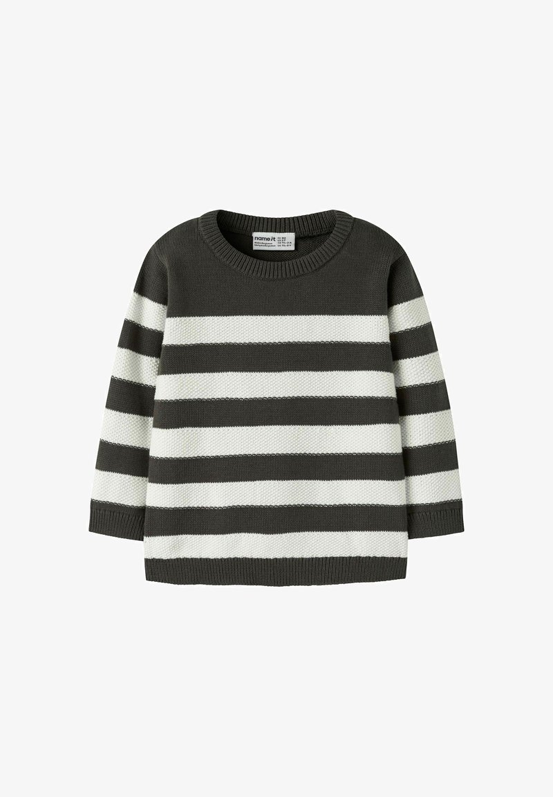 Pull en maille à manches longues pour enfant avec des rayures horizontales noires et blanches alternées et un col rond.