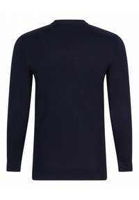 Granatowy sweter z długim rękawem, wykonany z teksturowanej dzianiny. Posiada okrągły dekolt i ściągacze przy mankietach. Prosty, jednolity design bez ozdób.