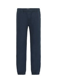 Navy cotton jogger pants with an elastic waistband, tapered legs, and elastic cuffs. Features a smooth texture and minimal stitching details.