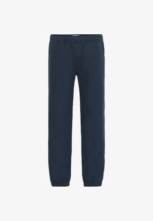 Granatowe bawełniane spodnie dresowe z elastycznym pasem, dopasowanymi nogawkami i elastycznymi mankietami. Charakteryzują się gładką teksturą i minimalnymi detalami szwów.