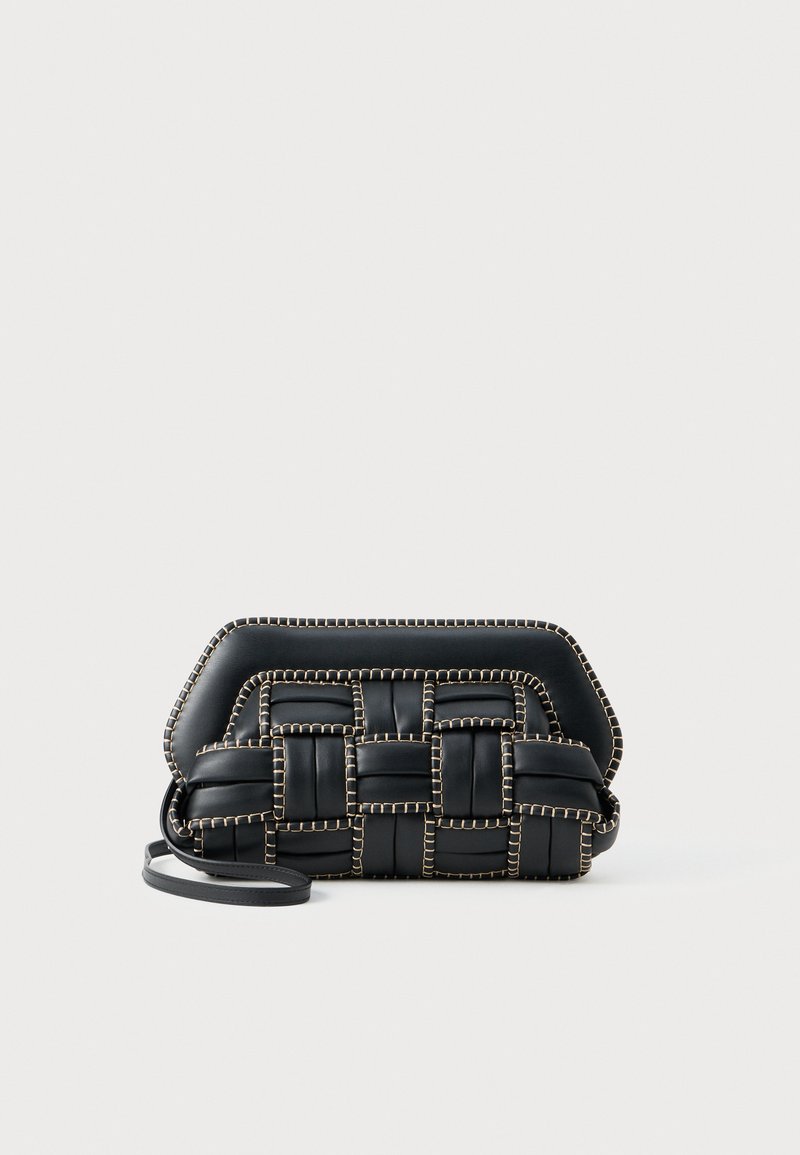 Black woven leather clutch bag with a structured shape, featuring gold stitching along the edges and a detachable shoulder strap.