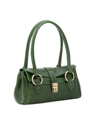 Groene leren handtas met twee bovenhandvatten, een voorflap, metalen sluiting en gouden hardwareaccenten. Heeft een gladde, glanzende textuur.