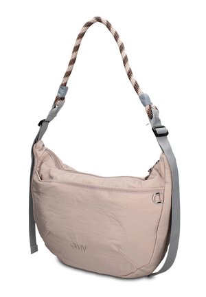 Sac d'épaule beige en forme de croissant avec poignée en corde texturée et bandoulière grise réglable, doté d'une fermeture éclair et d'un détail anneau métallique.