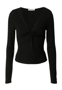 Zwart langemouwen top met een diepe V-hals en geplooide details aan de voorkant. Gemaakt van ribmateriaal met een aansluitende pasvorm.