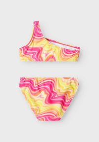 Top bikini a spalla unica e fondo coordinato in un motivo a spirale rosa e giallo, realizzati in tessuto liscio ed elastico con un design senza cuciture.