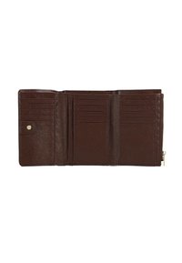 Portafoglio in pelle marrone con finitura testurizzata, dotato di numerosi scomparti per carte, un compartimento con zip e una chiusura a scatto.