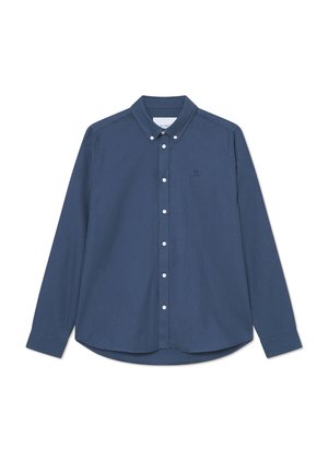 Navy blue button-up shirt with a soft texture, structured collar, and white buttons. Features a small logo on the left chest.