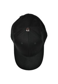 Black baseball cap with a rounded crown, stiff brim, and a metallic button on top. Features six ventilation eyelets and stitched accents.