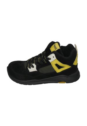 Black and yellow athletic sneaker with lace-up front, mesh side panel, and padded collar and tongue.