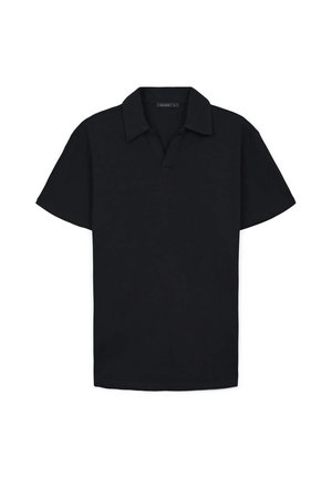 Polo shirt nero a maniche corte realizzato in tessuto morbido, con colletto classico e orlo dritto, privo di motivi o dettagli visibili.