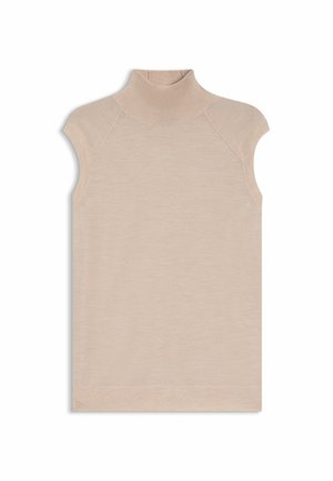 Top senza maniche a collo alto in maglia beige con un design aderente, collo a costine e braccia senza cuciture. Tessuto morbido con una finitura liscia.