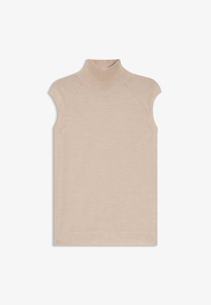 Beige neule sleeveless turtleneck -paita, jossa on tiukka malli, ribattu kaula-aukko ja saumattomat käsiaukot. Pehmeä pinta sileällä viimeistelyllä.