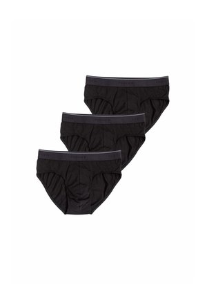 Tre slip neri da uomo con elastici in vita impilati diagonalmente su sfondo bianco.