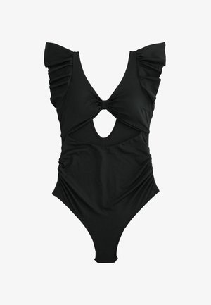 Juodas vientisas maudymosi kostiumėlis su raukiniais pečių akcentuose, raktų formos išpjova priekyje ir surinktais šonais, suteikiančiais tekstūros.