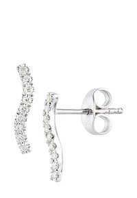 Sudraba auskari ar viļņotu dizainu, kurus rotā skaidri sintētiski akmeņi pa vienu malu. Pamatne un aizmugure ir standarta, lai nodrošinātu drošu valkāšanu.