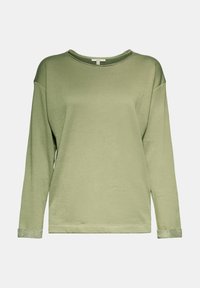 Sweat-shirt vert clair à manches longues avec col rond et coupe légèrement décontractée sur un fond uni.