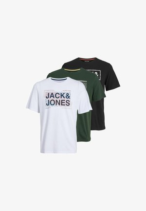 Kolm lühikeste varrukatega t-särki valges, rohelises ja mustas värvitoonis, millel on graafilised trükised tekstiga "JACK & JONES" erinevates stiilides ja värvides.