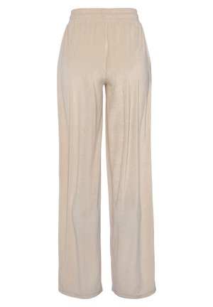 Beige wijde pijpen broek van zacht, textuurstof. Kenmerkt een elastische tailleband en een relaxte pasvorm, met naadloze zoom voor een gladde afwerking.
