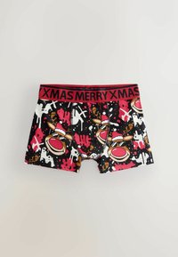 Black boxer shorts featuring a colorful reindeer pattern with red accents, a red waistband labeled "XMAS MERRY," and a smooth, stretchy material.