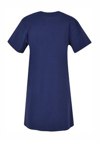 Marineblaues T-Shirt-Kleid, kurze Ärmel, runder Halsausschnitt, weiches Baumwollmaterial, gerade Passform mit glatter Textur, keine Muster oder Akzente.