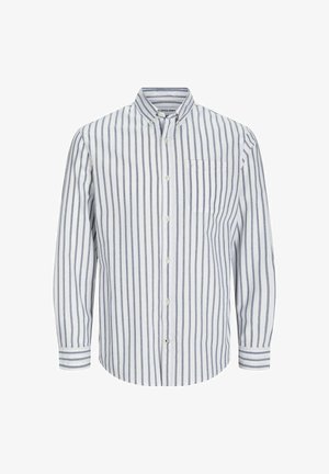 Pruhovaná košile s dlouhým rukávem v bílé a námořnické barvě, s knoflíkovým límečkem, náprsní kapsou a detaily manžet s horizontálními pruhy.