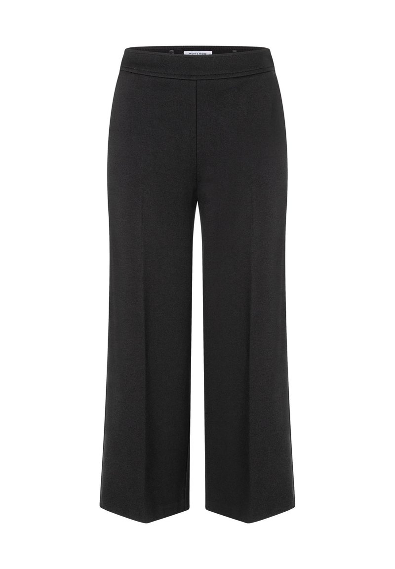 Schwarze weite-Hosen aus elastischem Stoff, mit einem elastischen Bund und glatter Textur. Keine sichtbaren Muster oder Akzente.