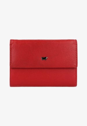 Portafoglio in pelle rossa con finitura texture, dotato di un accento in metallo nero sul davanti. Design pieghevole con bordi cuciti.