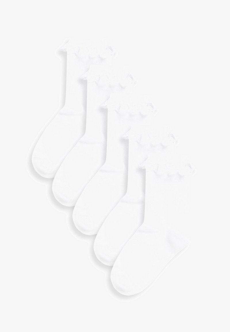White ankle socks, five pairs, featuring a scalloped lace trim at the cuff, soft fabric, smooth texture, and rounded toe design.