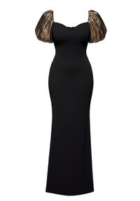 Svart figursydd golvlång klänning med hjärtformad urringning och genomskinliga, metalliska puffärmar.