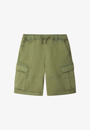 Shorts cargo de couleur vert olive avec taille élastique, cordon de serrage, passants pour ceinture, poches avant et poches à rabat sur les deux cuisses.