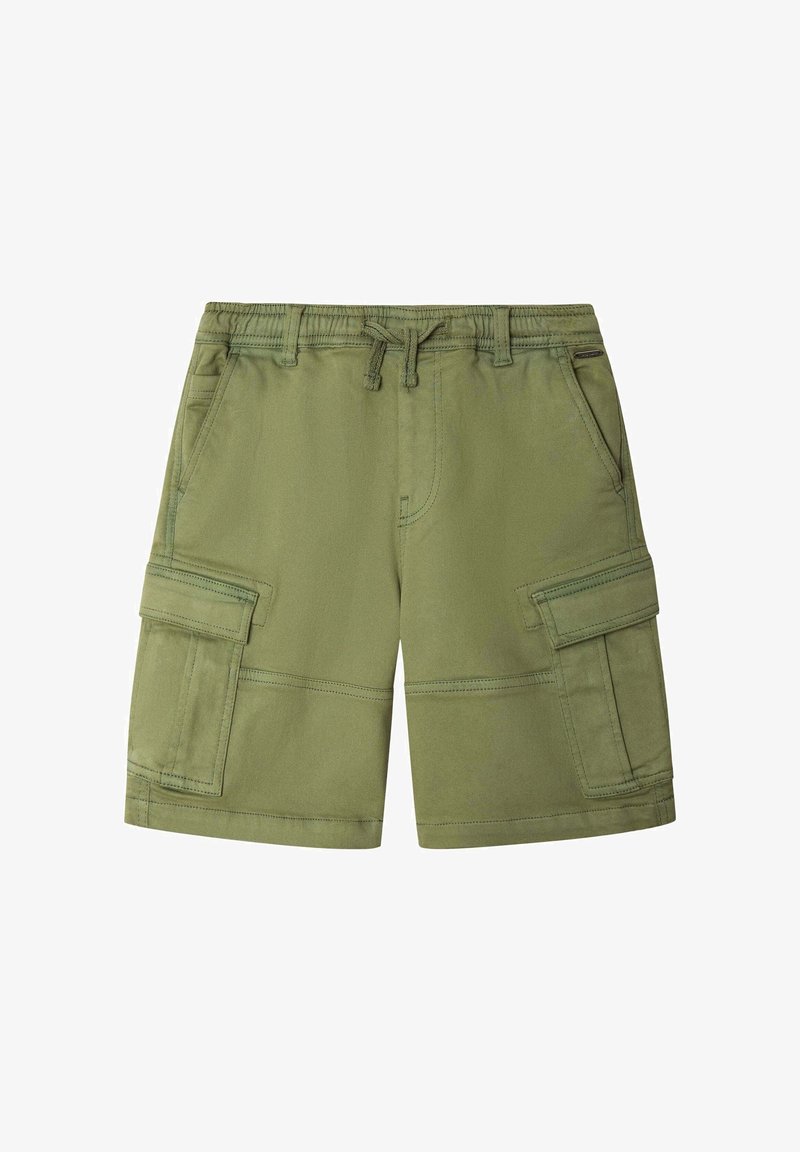 Shorts cargo de couleur vert olive avec taille élastique, cordon de serrage, passants pour ceinture, poches avant et poches à rabat sur les deux cuisses.
