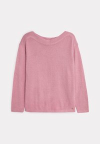 Różowy sweter dzianinowy z szerokim dekoltem, długimi rękawami i ściągaczem na dole. Ma miękką teksturę i minimalne detale na dole.